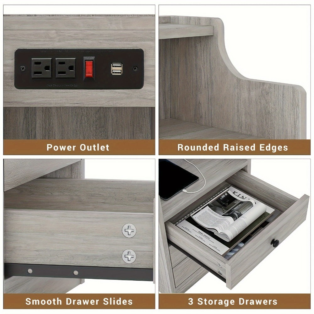Nightstand with Power Outlets and USB Ports – 3-Drawer Hutch Charging Station | 2 Outlets 2 USB | Bedroom End Table Side Table | 14"D x 17.7"W x 26.8"H | Gray or White | Housewarming Gift