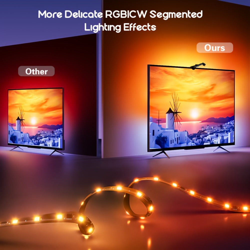 TV LED Backlight with Camera Screen Sync RGBW 5ft - Real-Time Color Matching USB Powered Ambient Bias Lighting for Smart TVs, Home Theater Gaming Video Calls Eye Strain Reduction