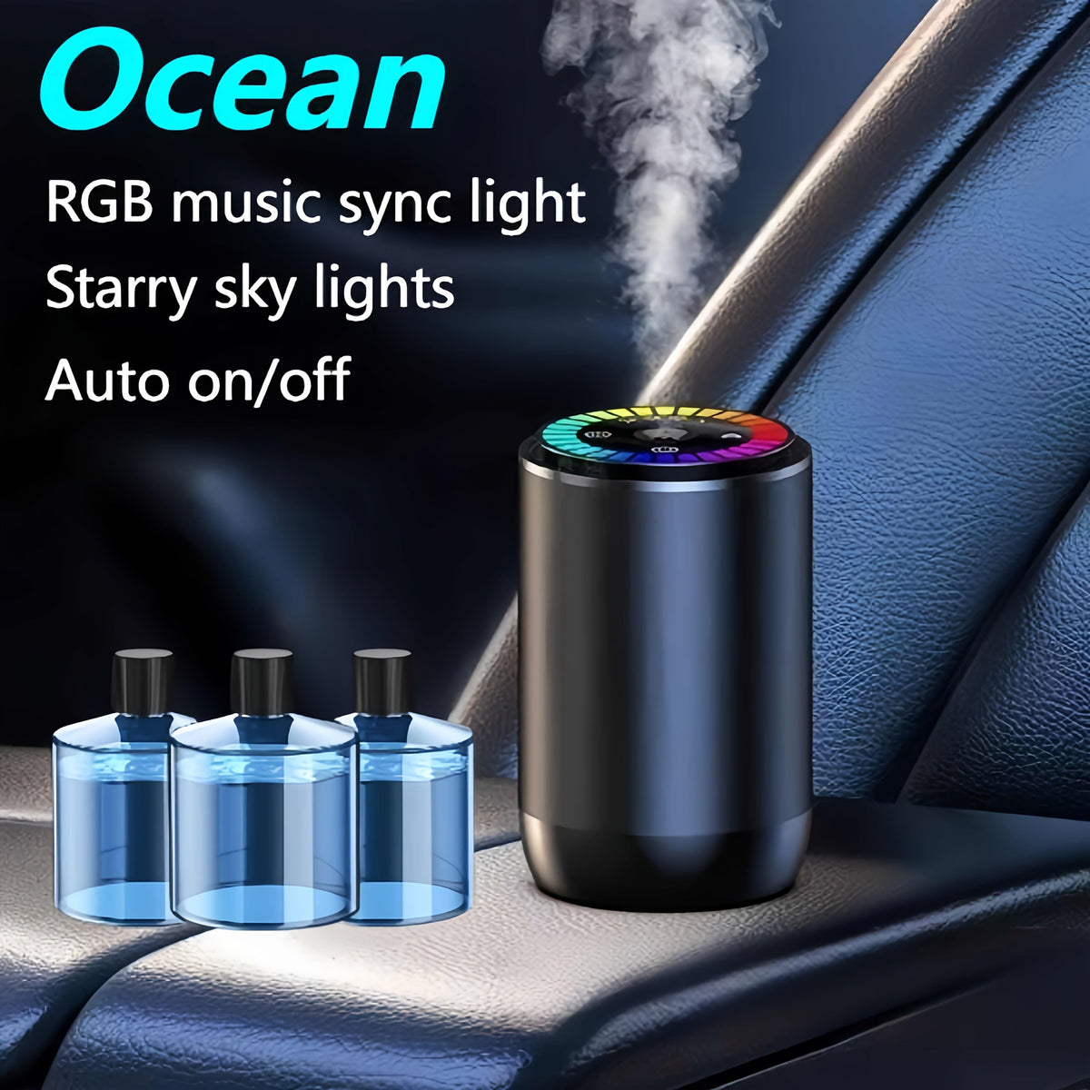 Car Air Freshener Aromatherapy Diffuser with Starry Sky Light Show, USB Rechargeable, Adjustable Fragrance – Natural Essential Oil Scents (Lavender, Ocean, Cologne, Gardenia)
