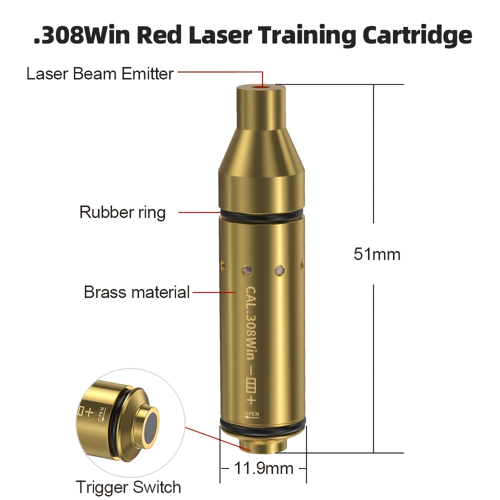 Dry Fire Laser Training Cartridge Multi-Caliber – 9mm 45ACP 223Rem 380ACP 357Sig 308Win 12GA 40Cal 6.5mm 7.62x39 | H59 Brass | Class IIIA Red Laser | Aperture Aiming | Batteries Included