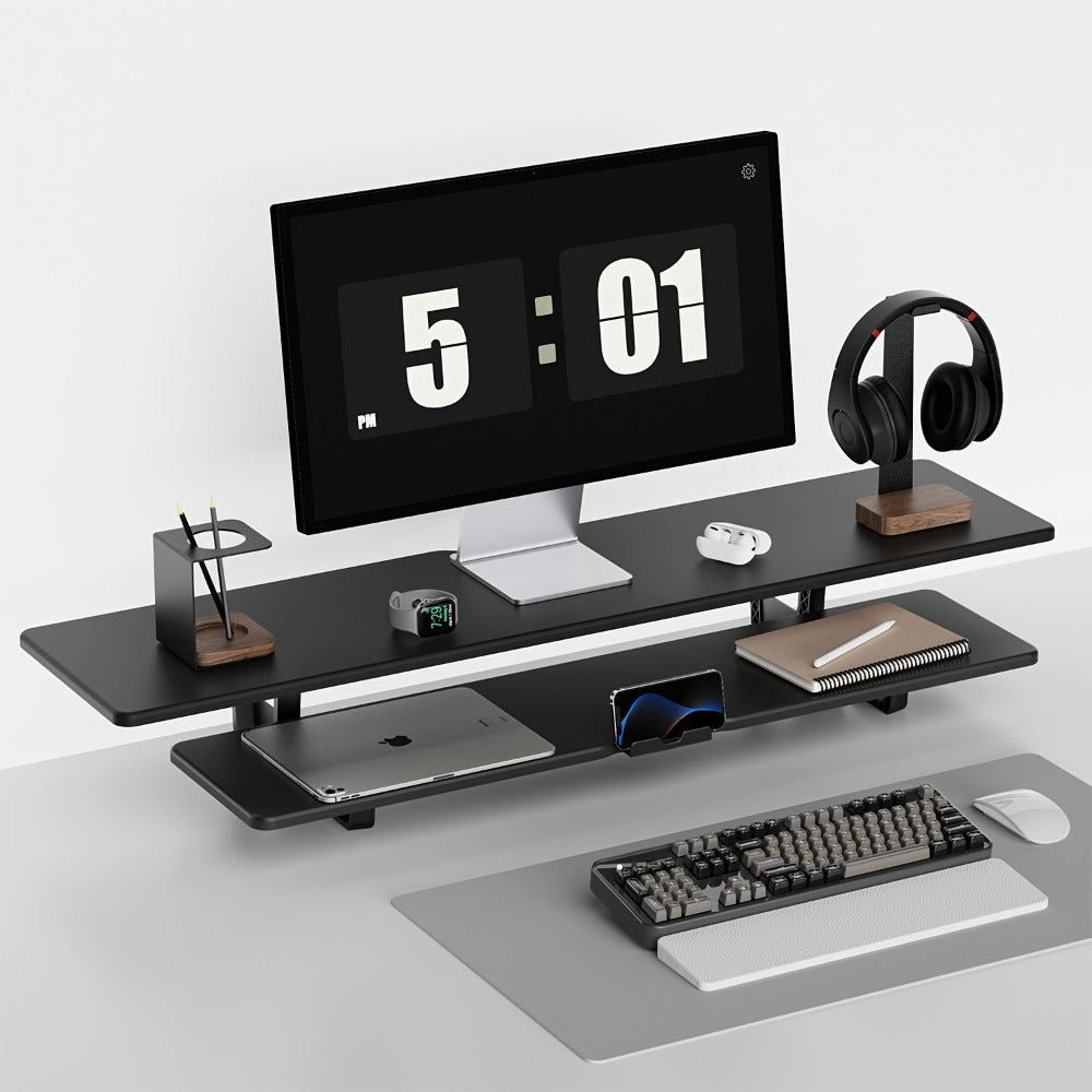 Dual Monitor Stand Riser with Storage E-Sports Style, Adjustable Height Ergonomic Desk Organizer with Cable Management, Modern Minimalist Desktop Stand for Home Office Gaming Setup, Black & White