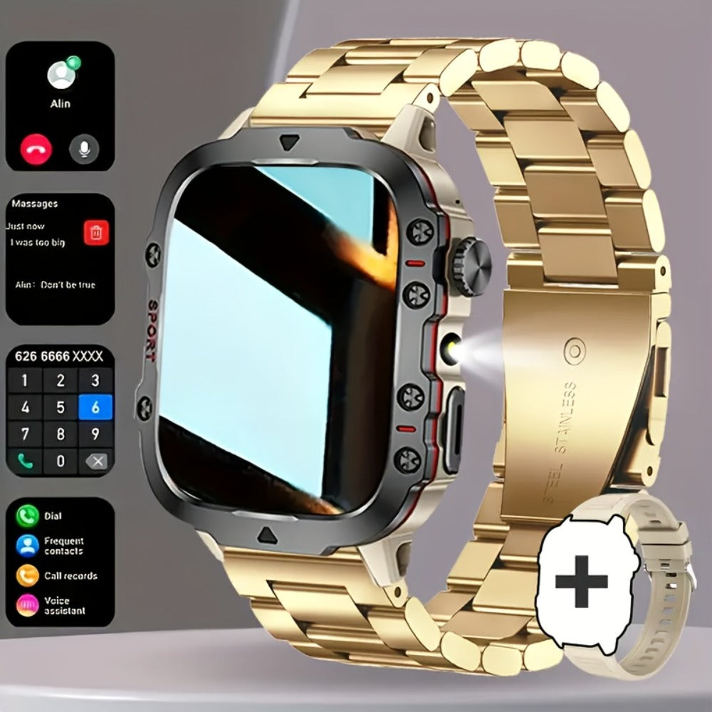 Men's Outdoor Smartwatch 4.6" HD Touch Screen with Wireless Calling & LED Display, USB Charging, Multiple Sport Modes, Heart Rate Activity Tracker, Compatible with iPhone & Android – Black Gold Gift Watch for Men