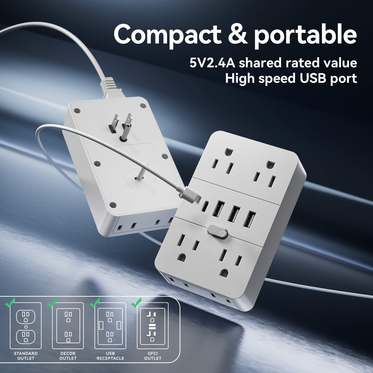 Desktop Power Strip with LED Desk Lamp & Clock 9-in-1, 4 AC Outlets & 5 USB Ports (3 USB-A & 2 USB-C), Surge Protection & Overload Safety for Office, Study, Home & School