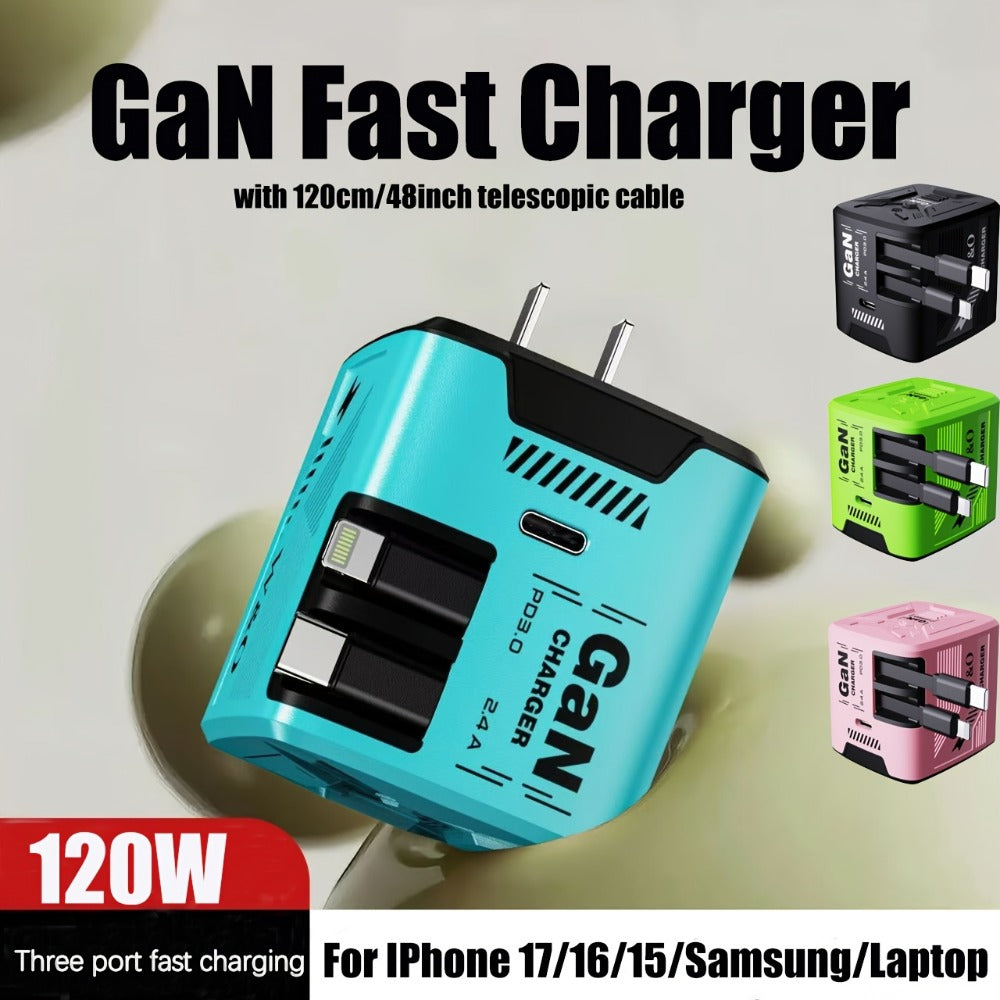 Built-In Cable USB-C Fast Charger 66W 120W – Integrated Type-C Cord 80cm 120cm PD 27W Charging Head for iPhone 17 16 15 14 13 12 Pro Max, Samsung Galaxy, Xiaomi Android, 1pc or 2pcs Set 6 Colors