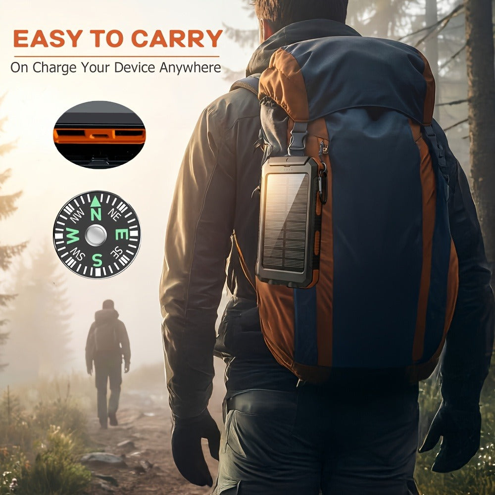 Solar Power Bank 20000mAh Portable Charger for Camping Hiking Outdoor Survival – Dual USB LED Flashlight Compass Emergency Battery Pack for iPhone Android – Black Orange