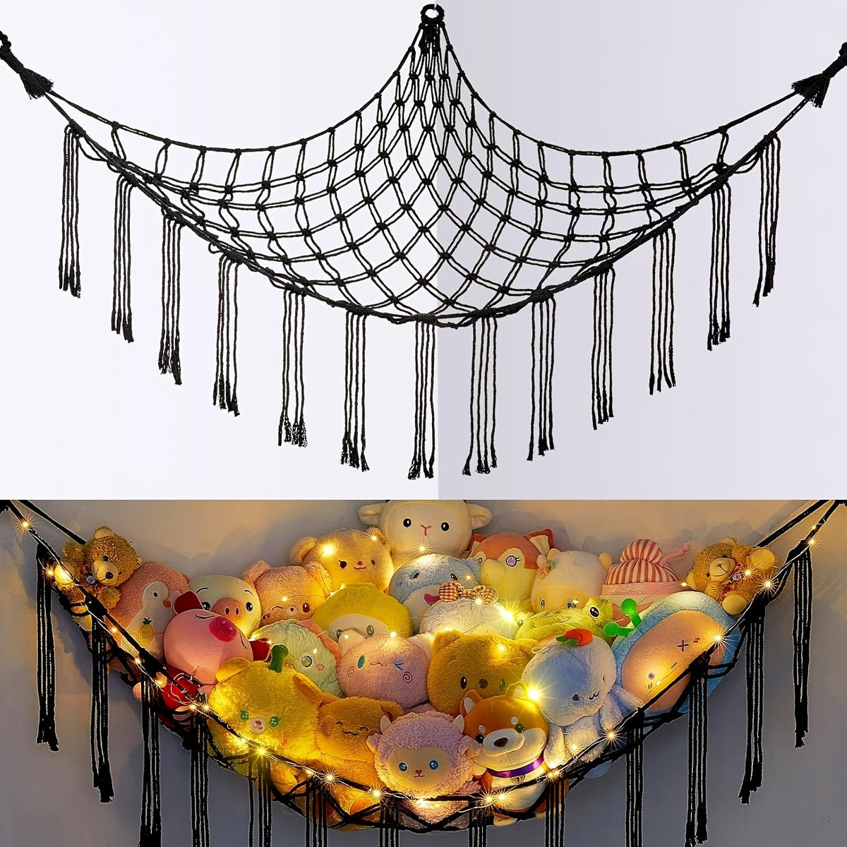Stuffed Animal Storage Hammock with Lights Corner Hanging Toy Net Organizer for Nursery Bedroom Kids Room Decor Plush Toy Holder Christmas Halloween Easter Gift