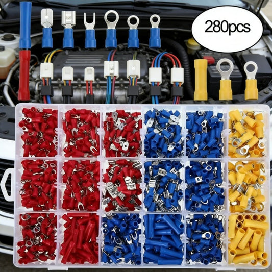 Electrical Crimp Terminal Kit, 280 Insulated Ring, Fork, Spade and Butt Connectors