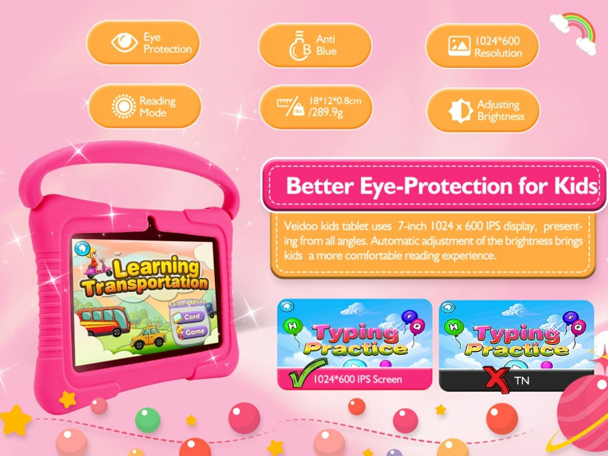 Veidoo Kids Tablet 7 Inch Eye Protection Screen 2GB RAM 32GB ROM Android WiFi Dual Camera Parental Control Educational Games Drop-Proof Silicone Cover Children Learning Tablet Pink Blue