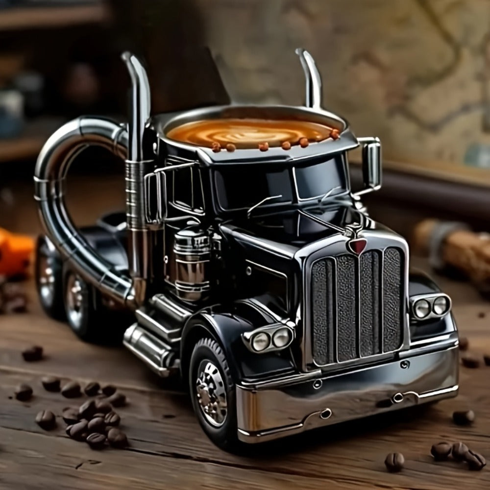 Semi Truck Coffee Mug Handmade Semi-Truck Shaped Cup – Creative Novelty Coffee Tea Mug, Unique Trucker Gift for Men, Truck Drivers & Coffee Lovers – Blue & Black