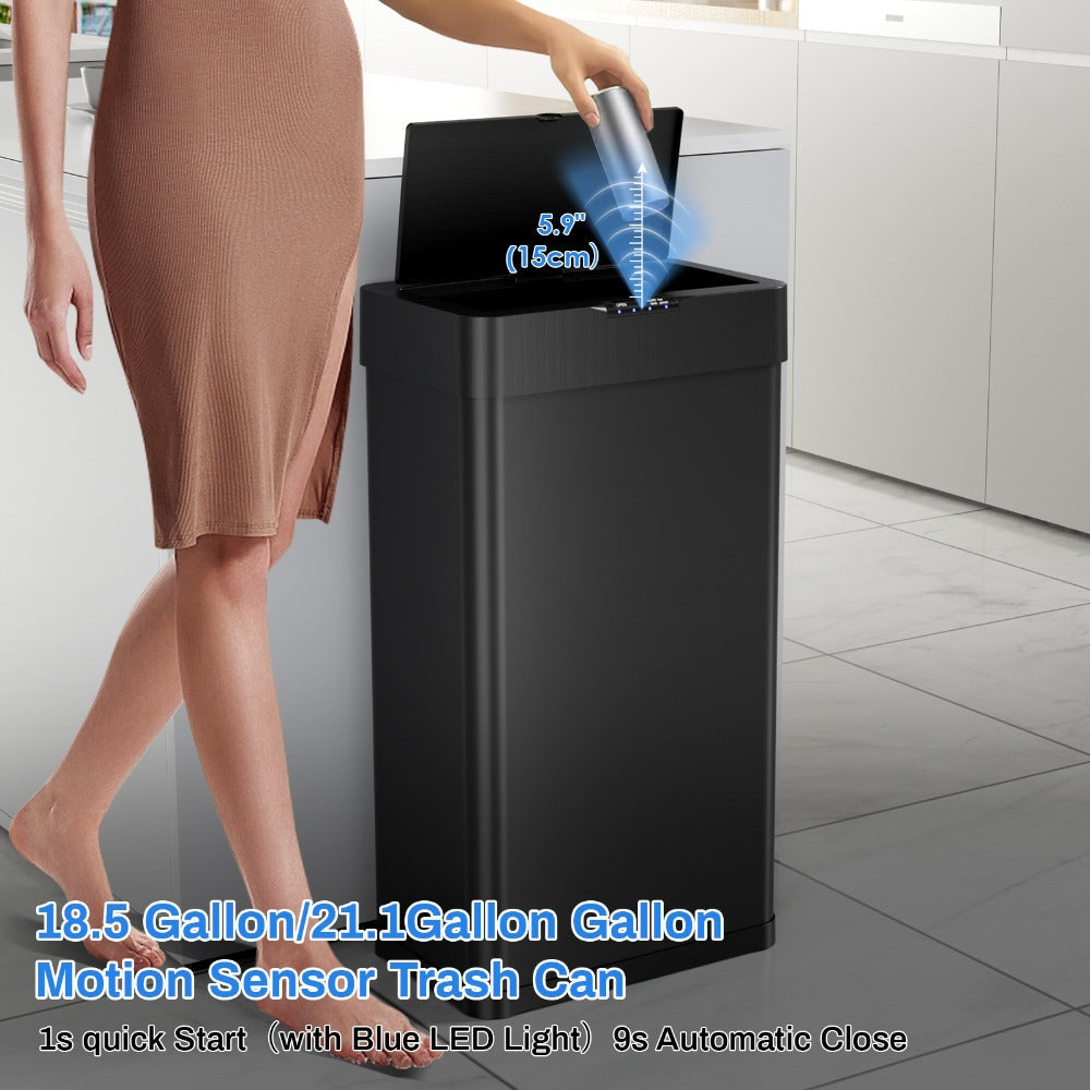 Touchless Trash Can with Motion Sensor 18.5 Gallon 60L – Soft-Close Lid | Brushed Stainless Steel | Bag Holder | Low Battery Alert | Hands-Free Smart Garbage Bin for Kitchen Office Bedroom RV
