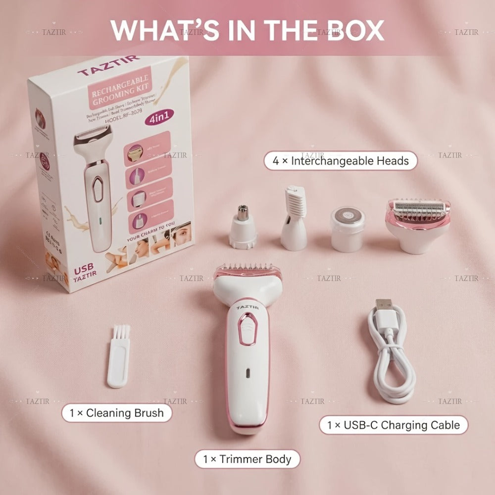 Electric Razor for Women 4-in-1 Rechargeable Lady Shaver Grooming Kit - Painless Wet Dry Hair Removal for Face Nose Legs Underarm Bikini Line Portable USB Rechargeable Gift Set