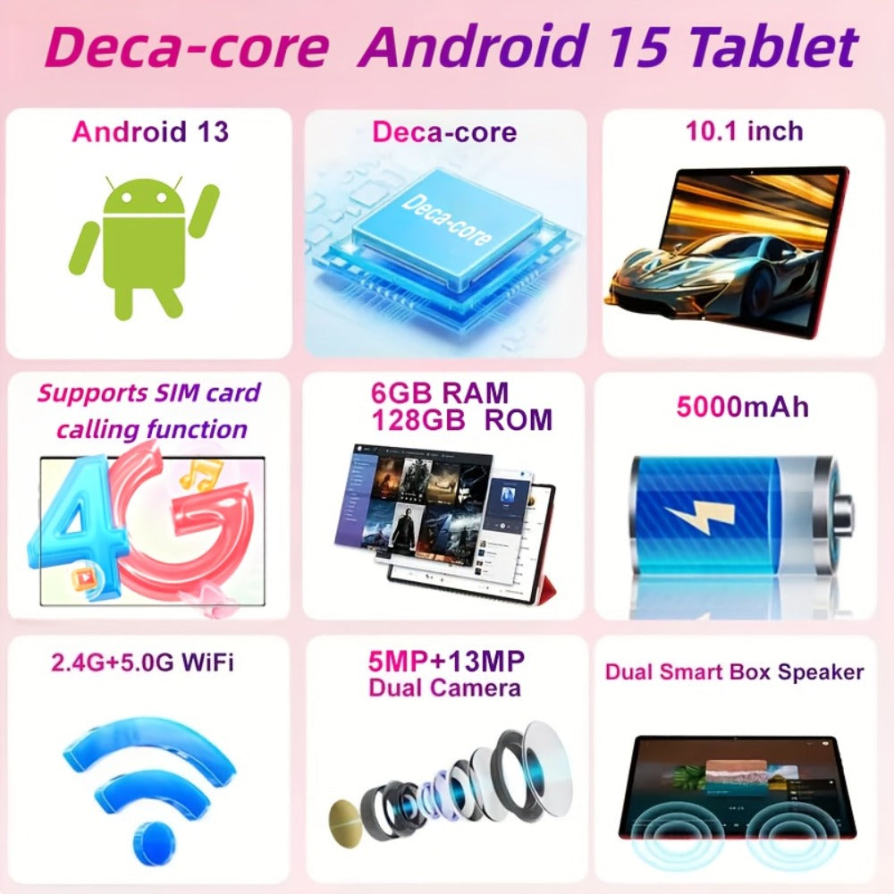 4G LTE Tablet 10.1 Inch Android 13 6GB RAM 128GB Dual SIM Dual-Band WiFi 13MP Camera Type-C 2-in-1 Tablet PC with Keyboard Mouse & Stylus Unlocked Cellular Tablet – Black & Pink
