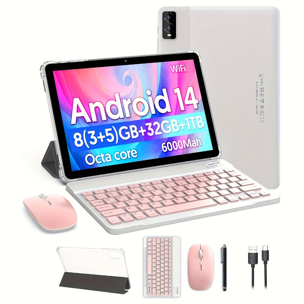 10 Inch Android 14 Tablet 8GB RAM 32GB ROM 1TB Expandable Octa-Core 1280x800 IPS Touch Screen Dual Camera WiFi 2-in-1 Tablet PC with Optional Keyboard Mouse Case & Stylus – White