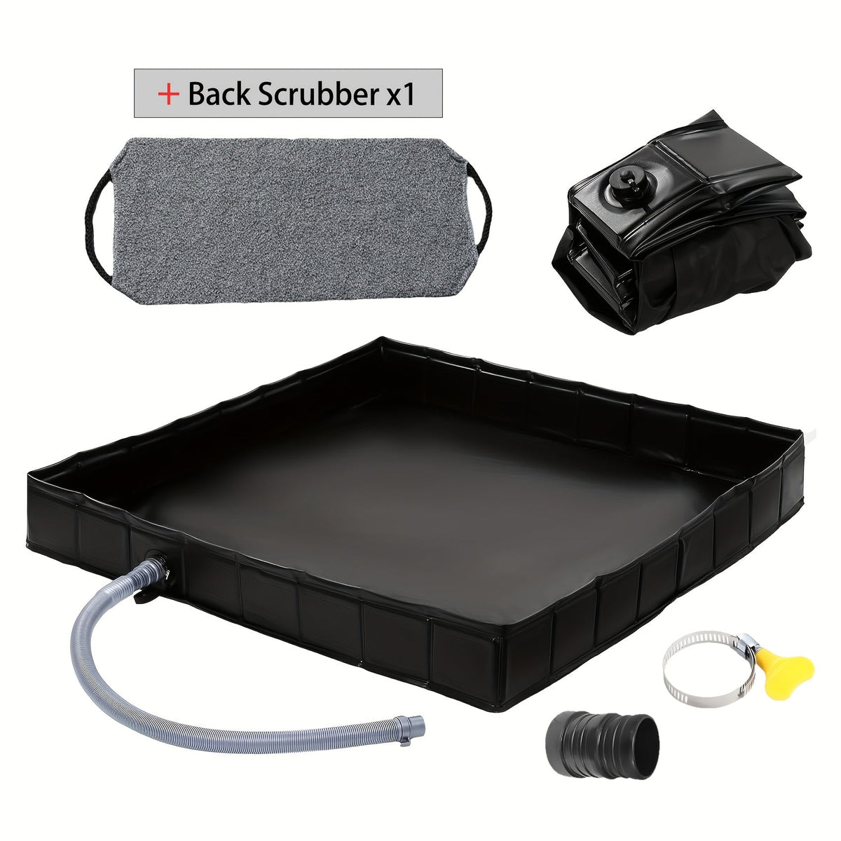 Foldable Shower Base 41"x41" Portable Shower Pan with Drain Pipe – Collapsible Shower Basin for Camping Tent, Indoor & Outdoor Use, Black – Includes Back Scrubber