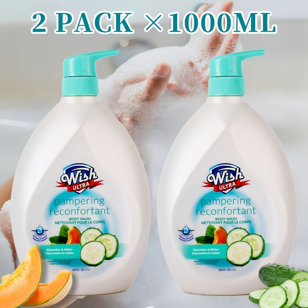Vitamin E Moisturizing Body Wash 2-Pack 1000ml Each 5 Fragrances — Deep Cleansing Long-Lasting Scent Shower Gel for All Skin Types | Cucumber Milky Mango Peach & Almond | Unisex Men & Women