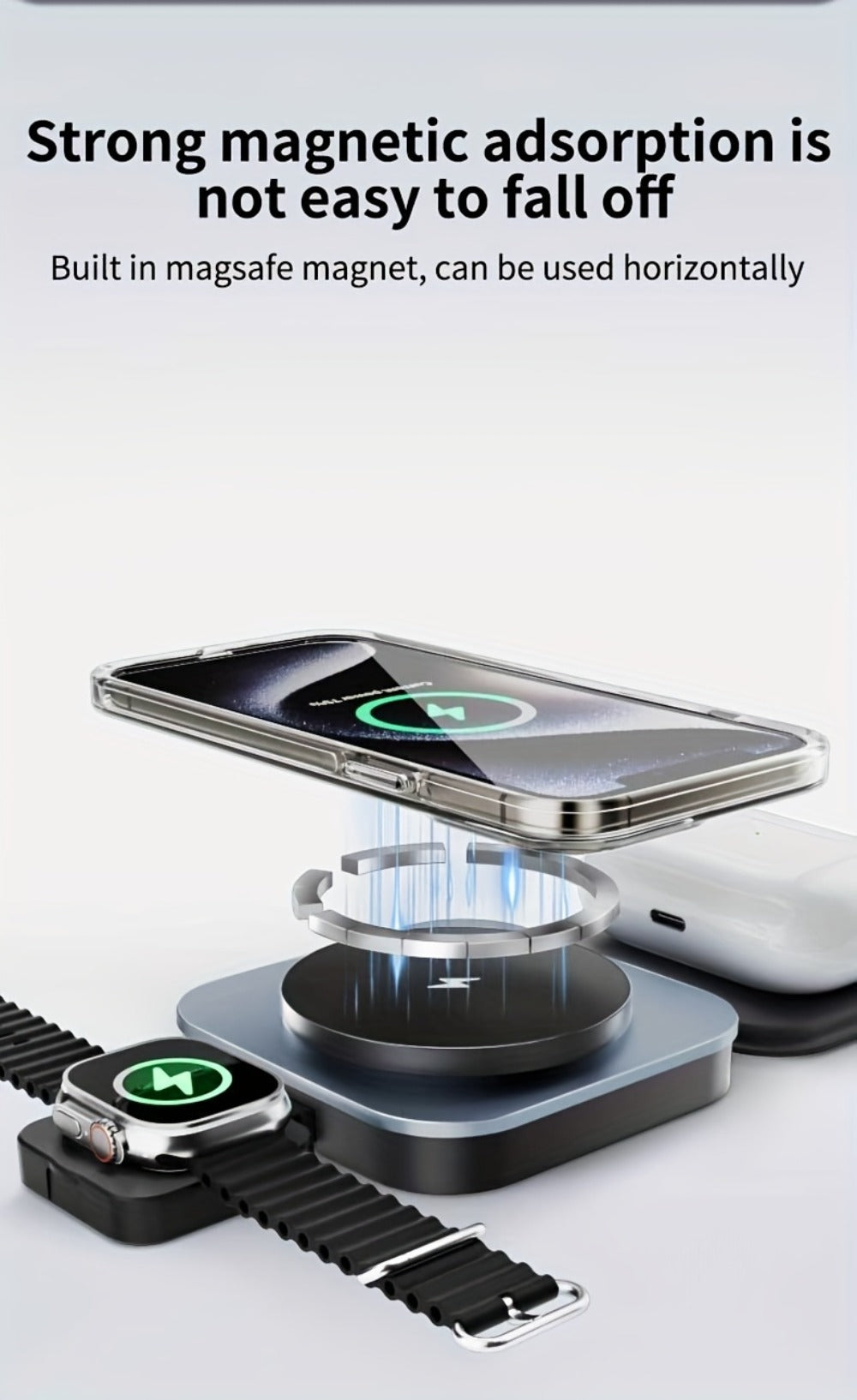 Foldable Travel 3-in-1 Wireless Charging Station 15W – Fast Charge for iPhone 17 16 15 14 13 12 Pro Max Plus, Apple Watch Ultra Series 9 8 7 6 5 4 3 2 1 SE & AirPods 4 3 2 Pro | Portable Black Charger