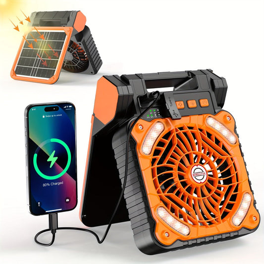 Solar Camping Fan with 10400mAh Battery, LED Light, Timer and USB Charging