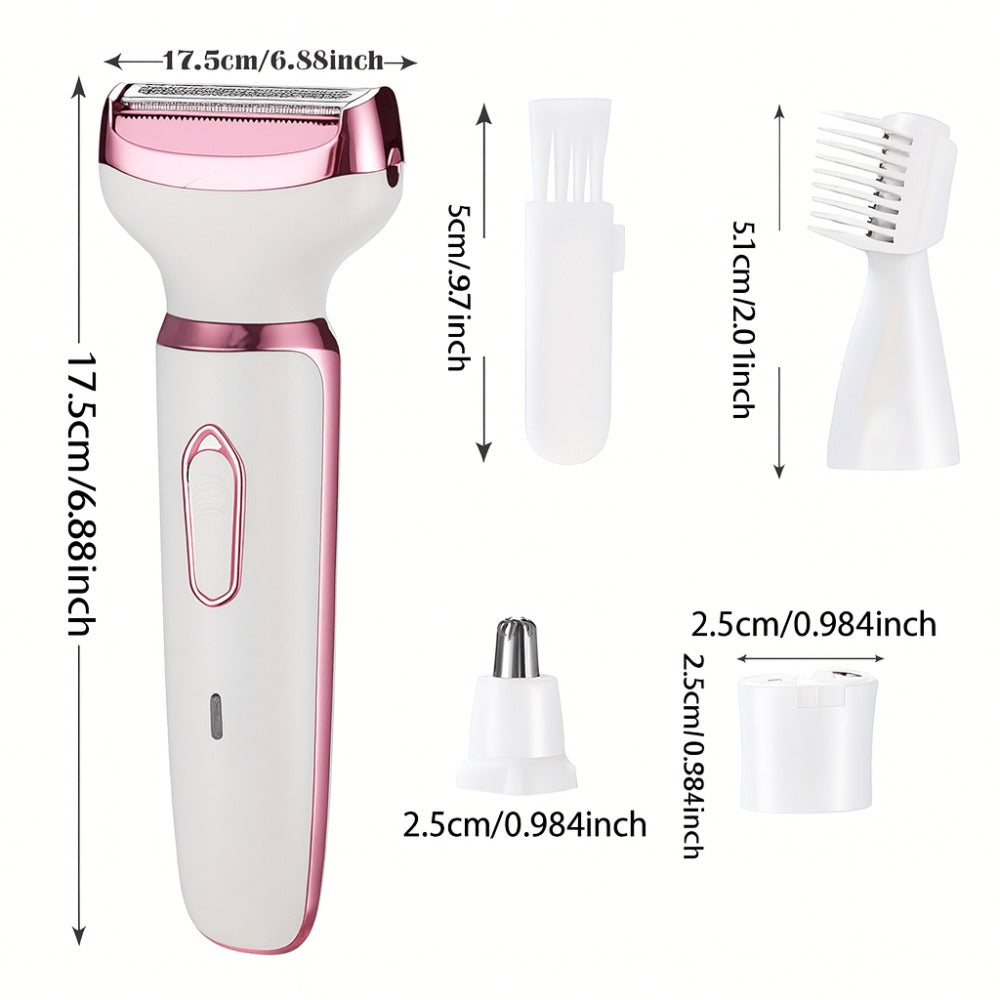 4-in-1 Electric Hair Remover for Women USB Rechargeable Shaver Trimmer – Eyebrow Nose Face Leg Bikini Line Underarm Peach Fuzz Removal Stainless Steel Blades Portable Travel Gift