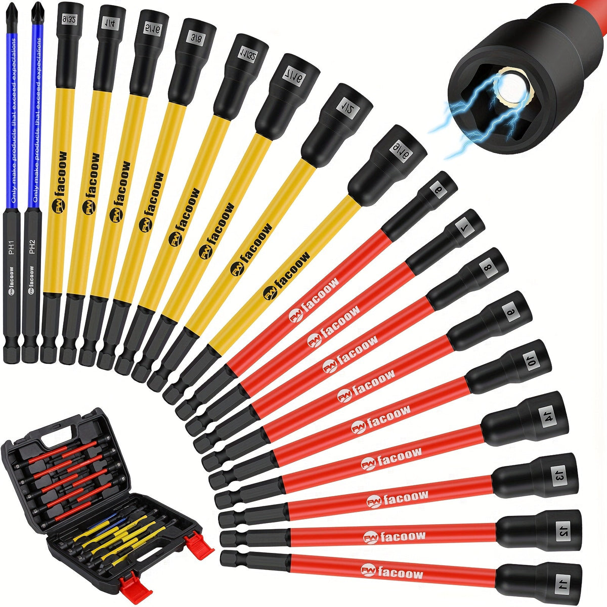 Magnetic Nut Driver Set 19PCS – SAE & Metric | 1/4" Hex Shank 6" Long | PH1 & PH2 for Impact Drills | Magnetic Socket Set with Sturdy Tool Case | Professional & DIY Projects