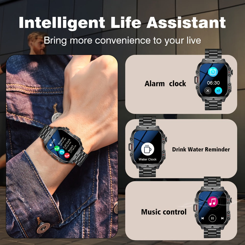 Men's Outdoor Smartwatch 4.6" HD Touch Screen with Wireless Calling & LED Display, USB Charging, Multiple Sport Modes, Heart Rate Activity Tracker, Compatible with iPhone & Android – Black Gold Gift Watch for Men