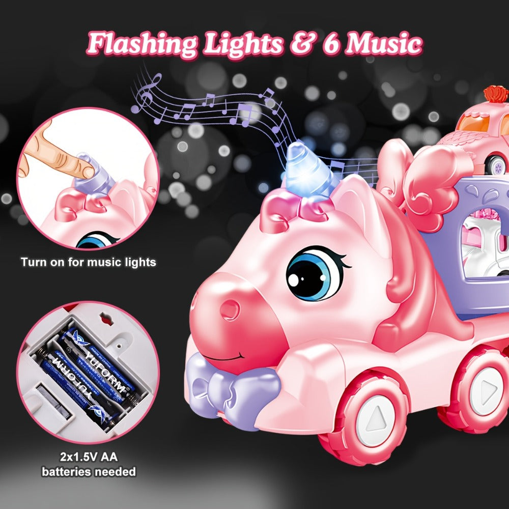 Pink Toy Car Carrier Truck with 4 Mini Cars, Music and Lights