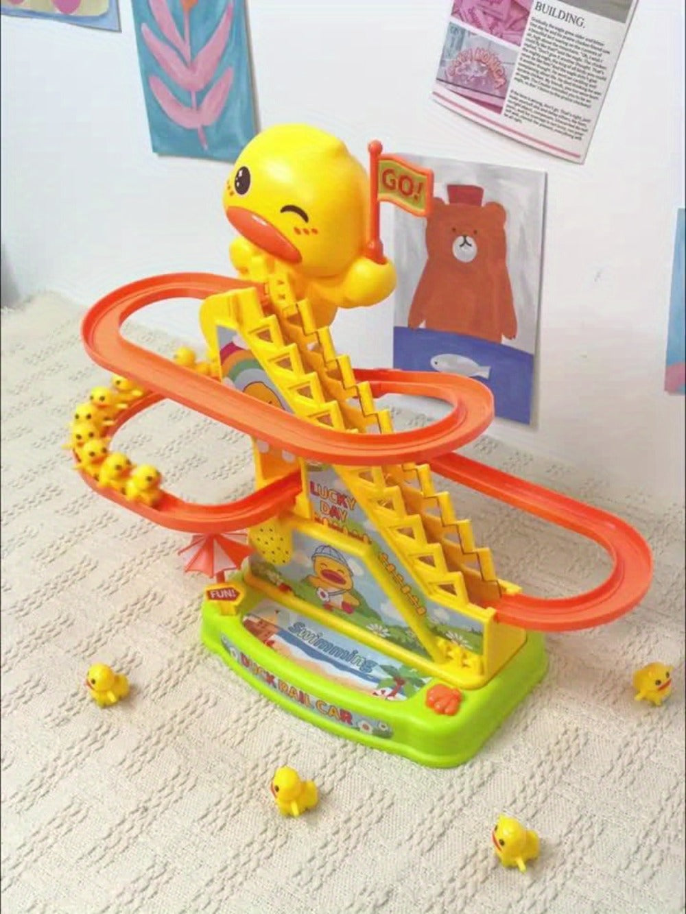 Electric Duck Climbing Stairs Toy with Music and Six-Duck Slide Loop