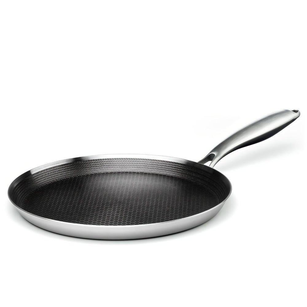 Stainless Steel Crepe Pan 11 Inch Dual Honeycomb Non-Stick PFOA-Free with Lid – Triply Steel Pancake Griddle for Tortillas | Induction Gas Electric Ceramic Compatible Home Camping BBQ Cookware