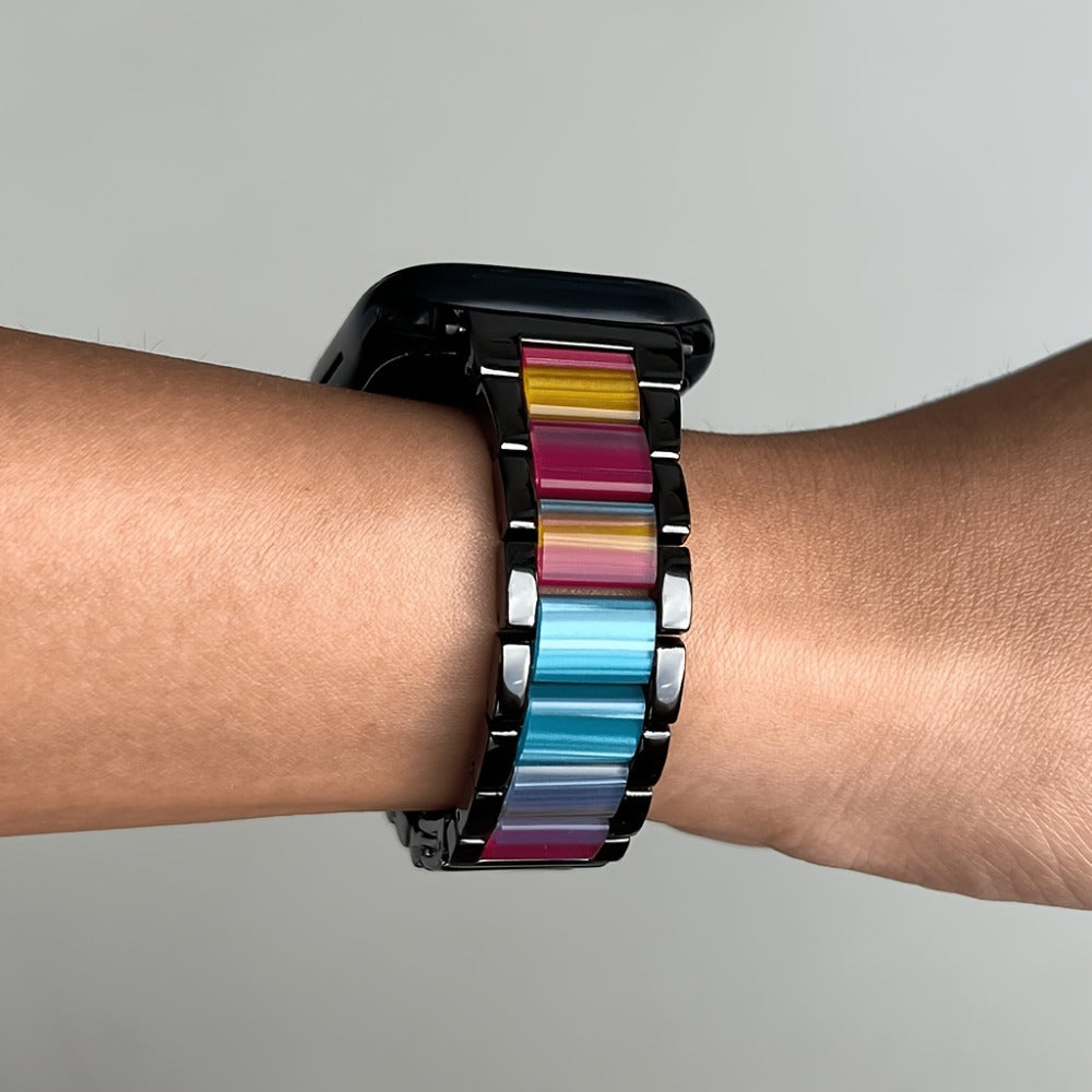 Stainless Steel Resin Apple Watch Band for Women – Gradient Brown & Rainbow Color Fashion Strap Compatible with Apple Watch Series 1–11 SE Ultra Ultra 2 38 40 41 42 44 45 46 49mm