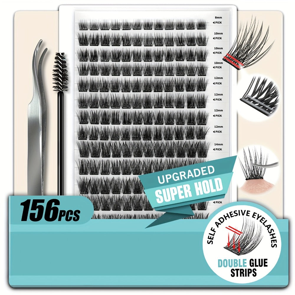 Invisible 2-Strip Tape Lash Clusters 156Pcs — Pre-Glued Self-Adhesive Eyelash Extensions, No Glue No Sticky Residue, Volume Mixed Longer-Lasting DIY Cluster Lashes for Women Sensitive Eyes