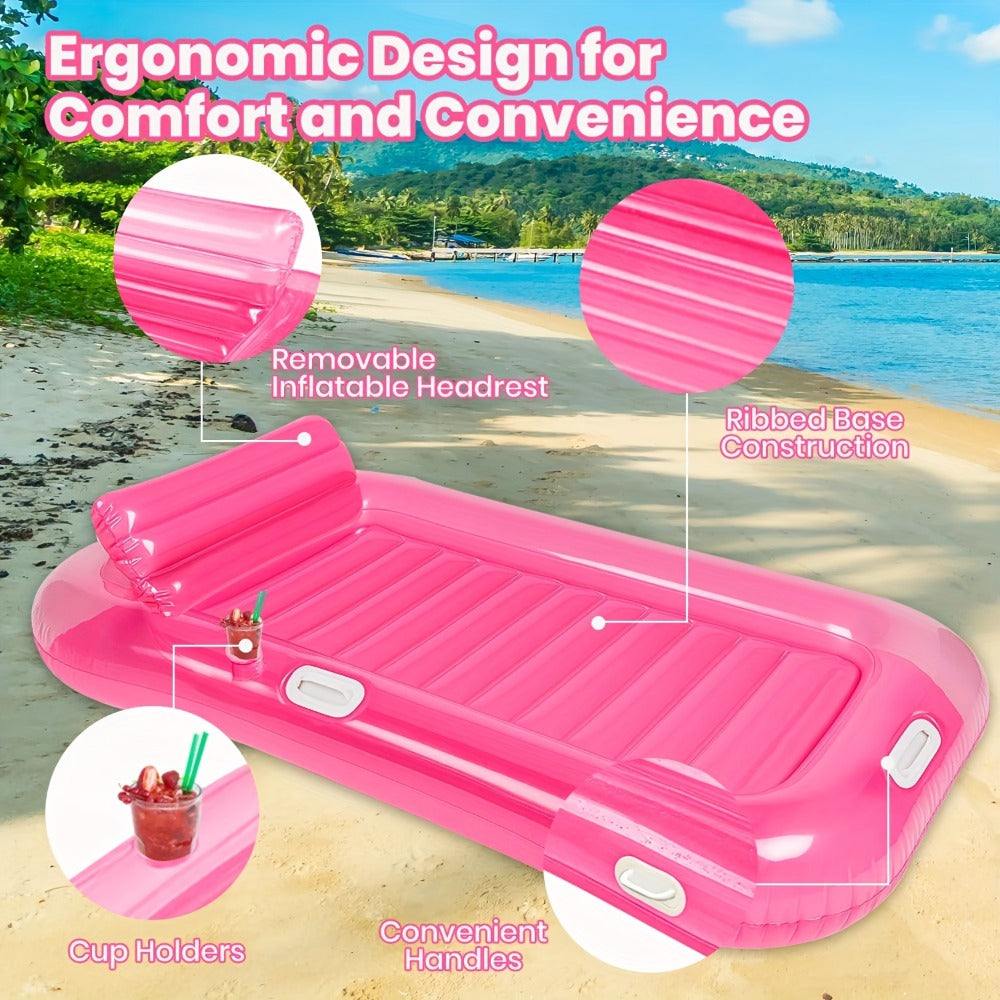 Inflatable Pool Lounger Sunbed with Removable Headrest and Cup Holders