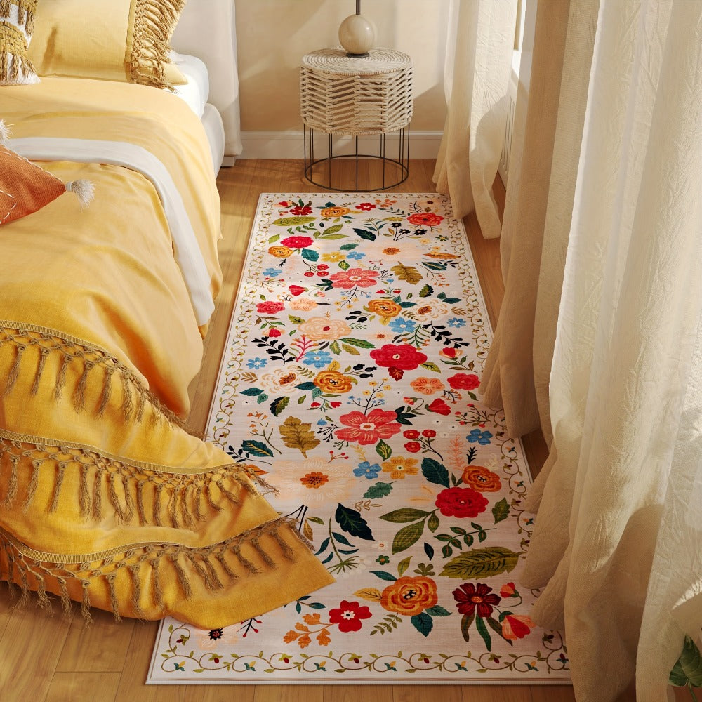 Bohemian Floral Plush Rug Non-Slip Machine Washable – Soft Floral Runner Mat for Bedroom, Kitchen, Bathroom, Entryway & Living Room – Easy Clean Indoor Home Decor Mat, 4 Sizes