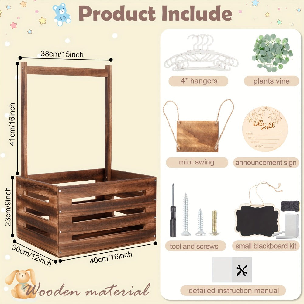 Wooden Gift Crate Basket with Handle and Garland Large Storage Organizer Baby Shower Pregnancy Announcement Christmas Party Decor Housewarming Gift