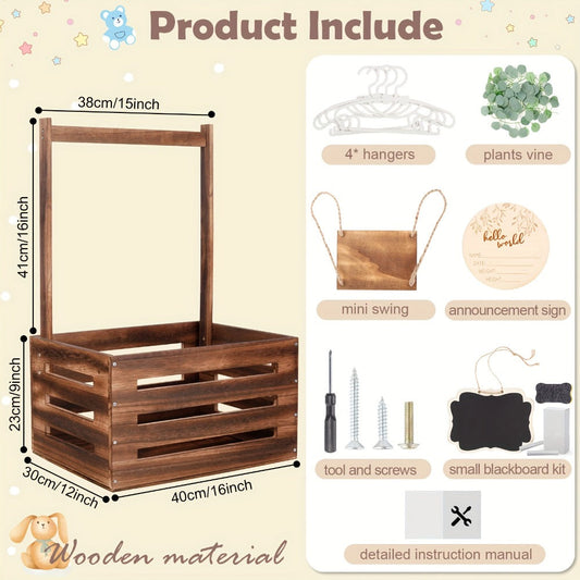 Wooden Gift Crate Basket with Handle and Garland, Large Reusable Storage