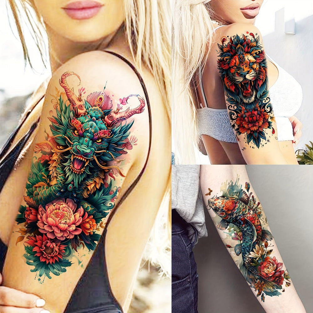 Temporary Tattoos for Adults 71 Sheets Waterproof Long Lasting Old School Gothic Punk Chicano Tiger Wolf Lion Dragon Skull Floral Body Art for Halloween Parties Festivals Costumes