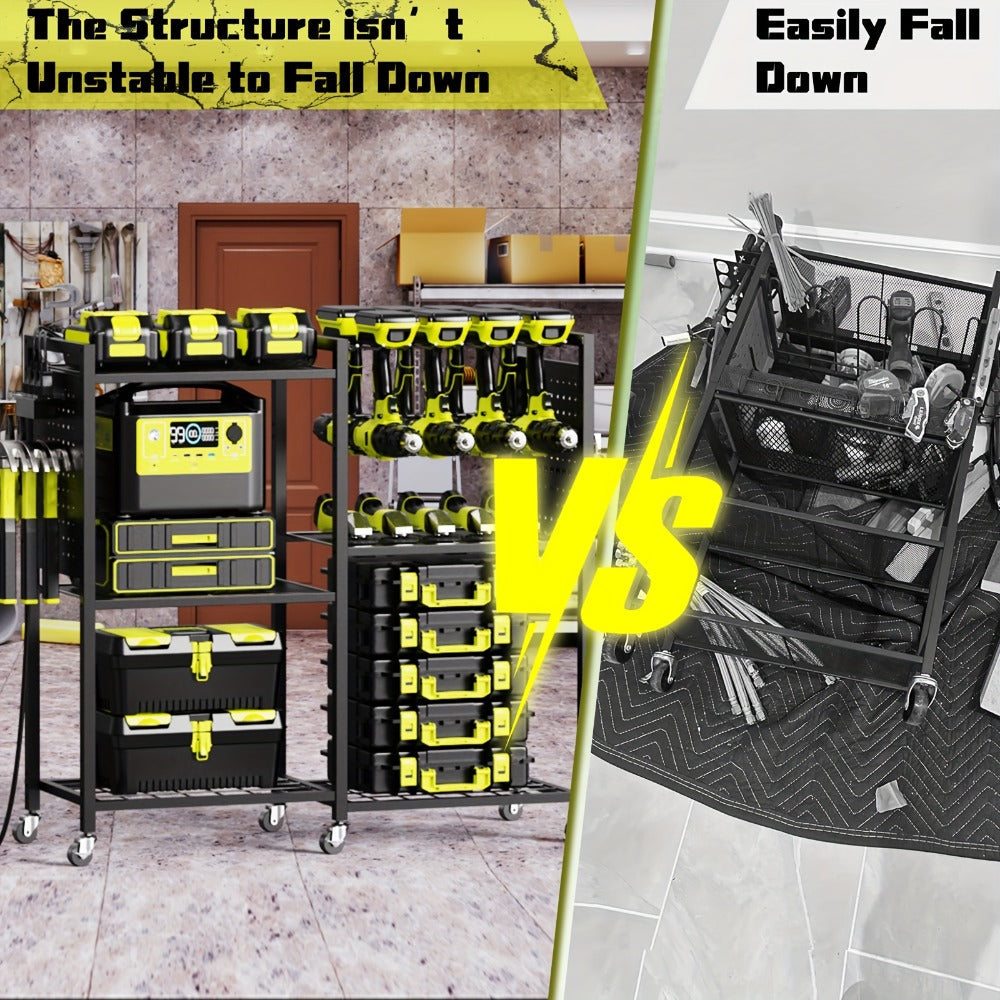 Mobile Tool Cart with Charging Station – 12 Drill Holders & 5 Storage Shelves Power Tool Organizer | Rolling Utility Rack Toolbox with Battery Charging Power Strip for Garage & Workshop | 4 Colors