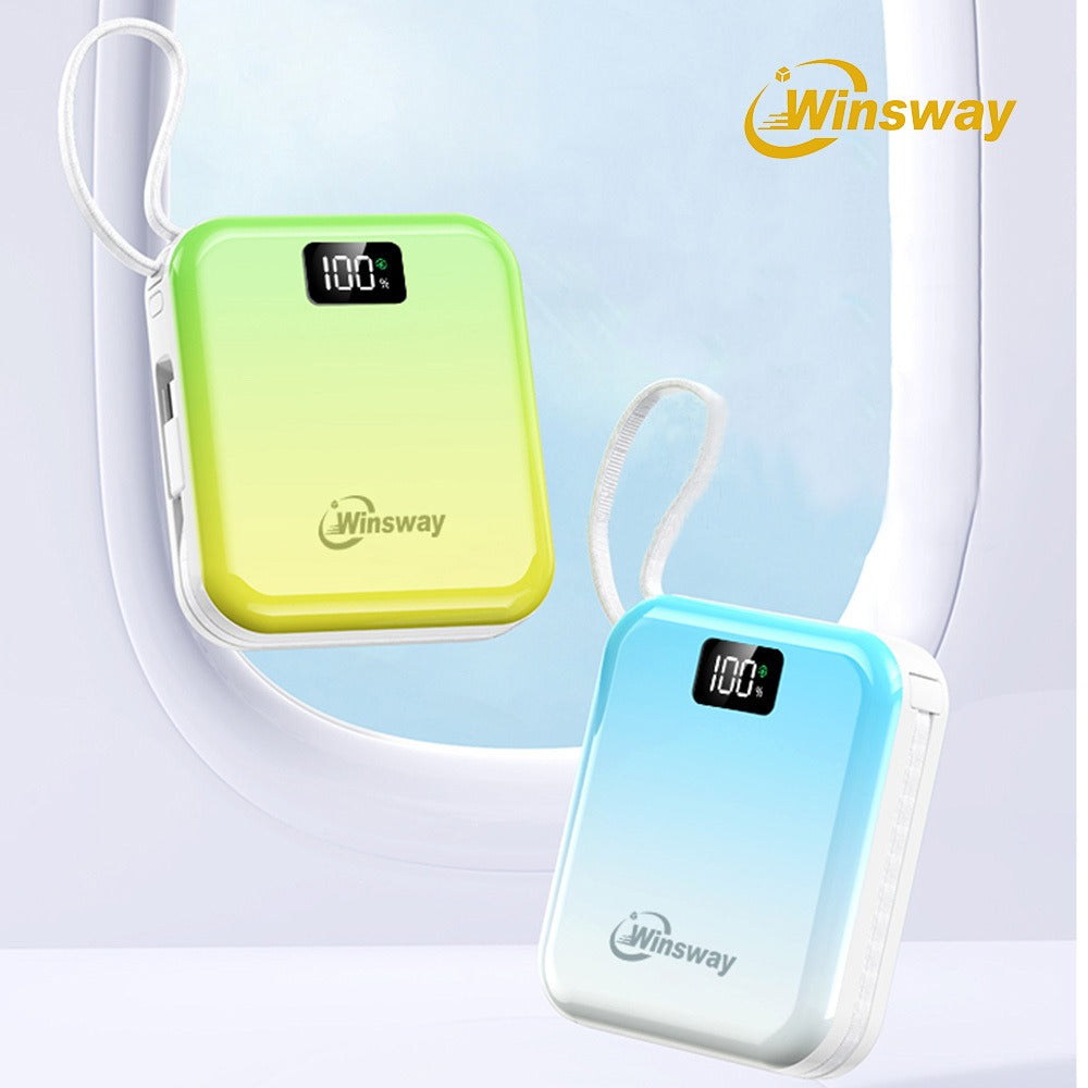 Mini Compact Power Bank 10000mAh Winsway 22.5W Fast Charging – Built-in Dual Cables USB-C & USB-A, Gradient Design, LED Display, Ultra-Lightweight Portable Charger for Travel Boarding Outdoor Gift