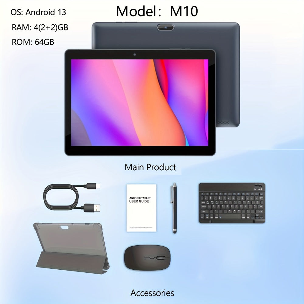 10 Inch 2-in-1 Android Tablet with Keyboard, 64GB ROM 6000mAh Battery, Quad-Core WiFi Tablet with Optional Keyboard Case Mouse & Stylus, 2MP+8MP Dual Camera, 1TB Expandable Storage