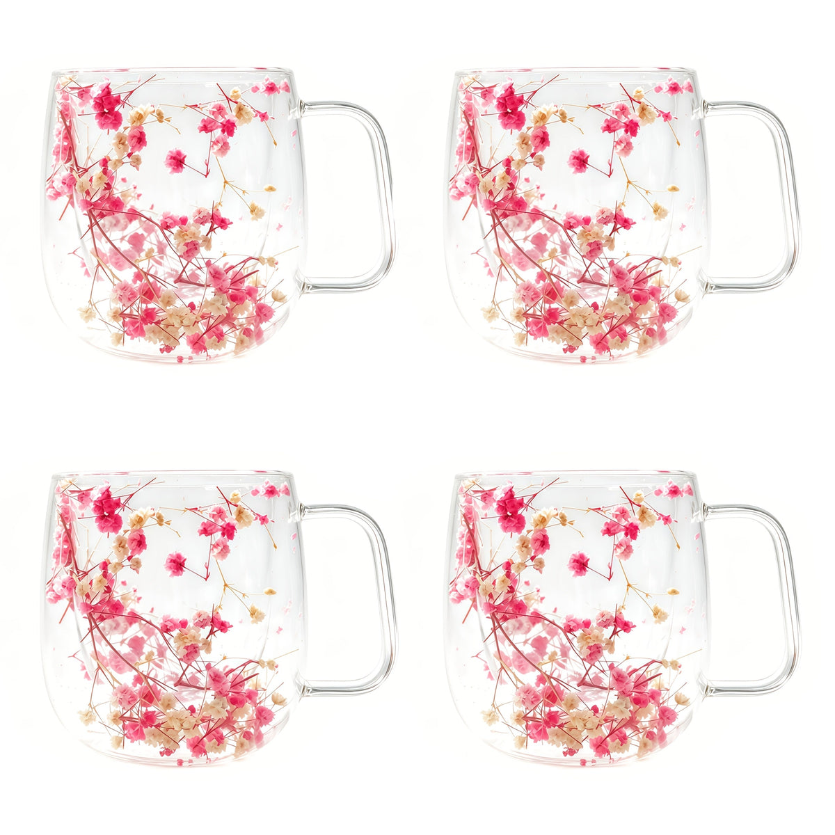 Double Wall Glass Coffee Cups with Handle Set of 4 – Borosilicate Thermal Mugs for Latte Cappuccino Tea | Dried Flower & Petal Design Transparent Drinkware for Office Home Gifts