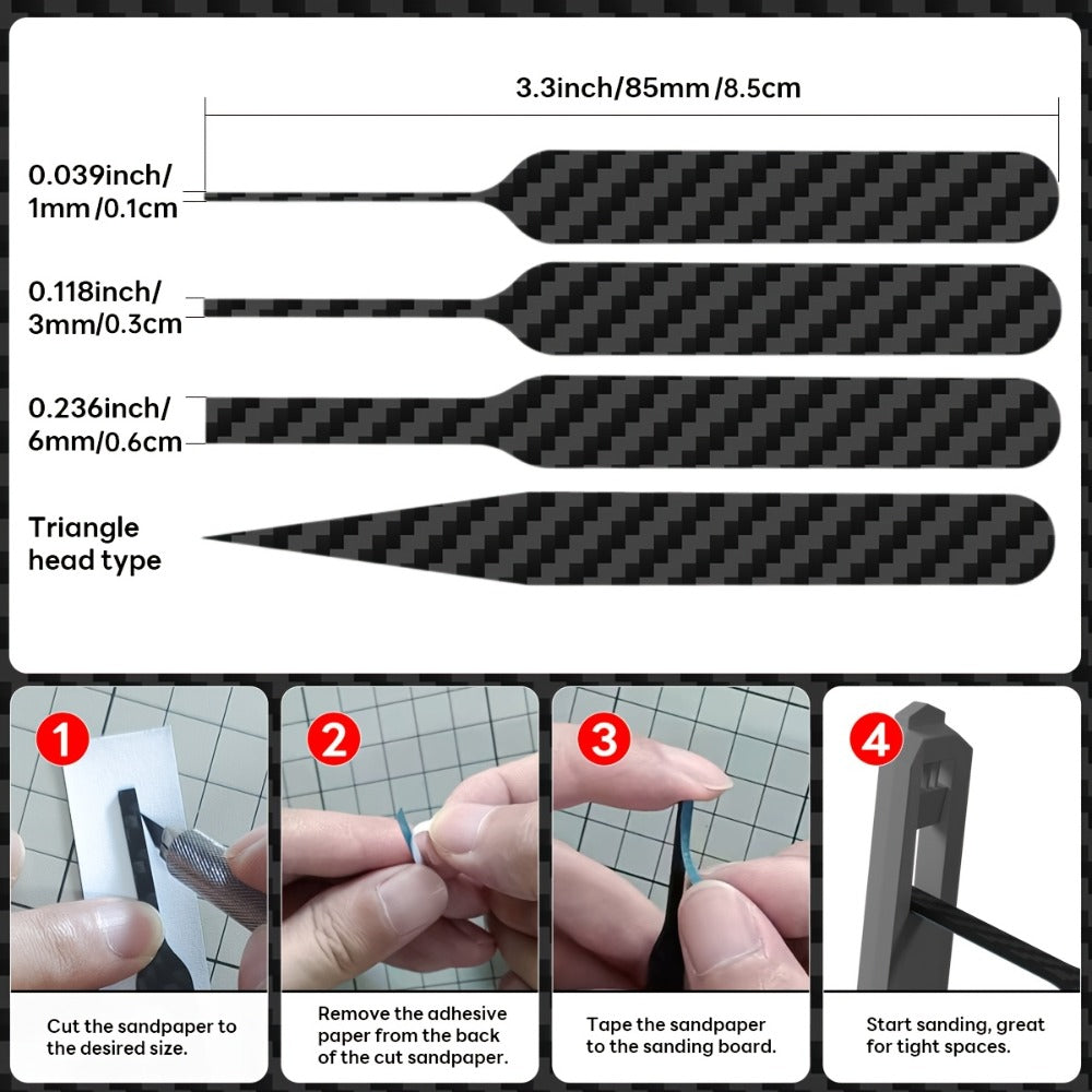 Carbon Fiber Sanding Sticks Set of 7, Hobby Model Sanding Tools with 4 Detail Polishing Boards, 3 Sizes 3"x0.6" 3"x0.4" 3"x0.2" for Scale Models Miniatures Gunpla