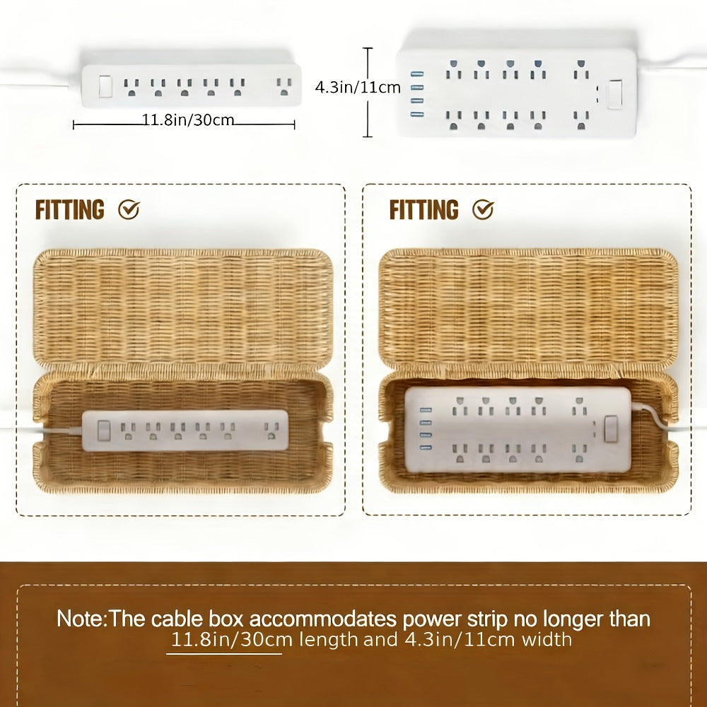 Rattan Cable Management Box with Lid Woven Cord Organizer – Stylish Power Strip Cover Wire Hider for Home Office Living Room Desk Bedroom, Conceals Surge Protectors & Data Cables, Boho Decor Gift