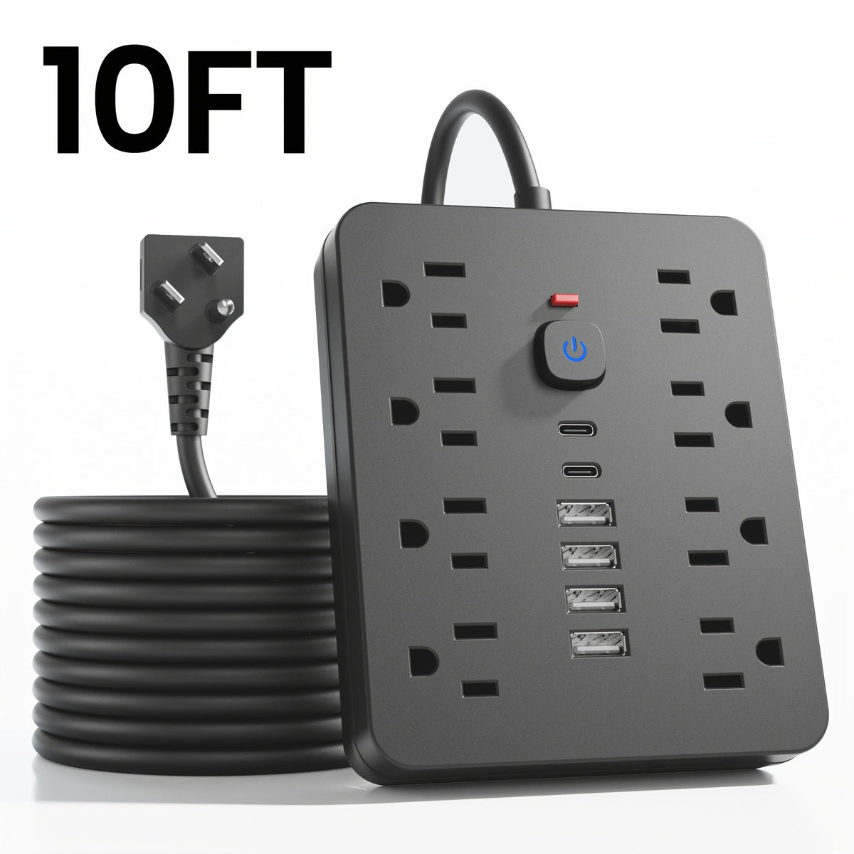 14-in-1 Wall-Mountable Power Strip with Surge Protector – 8 AC Outlets & 6 USB Ports (2 USB-C), Flat Plug Space-Saving Extension Cord, Overload Protection for Home School Office, 5ft or 10ft