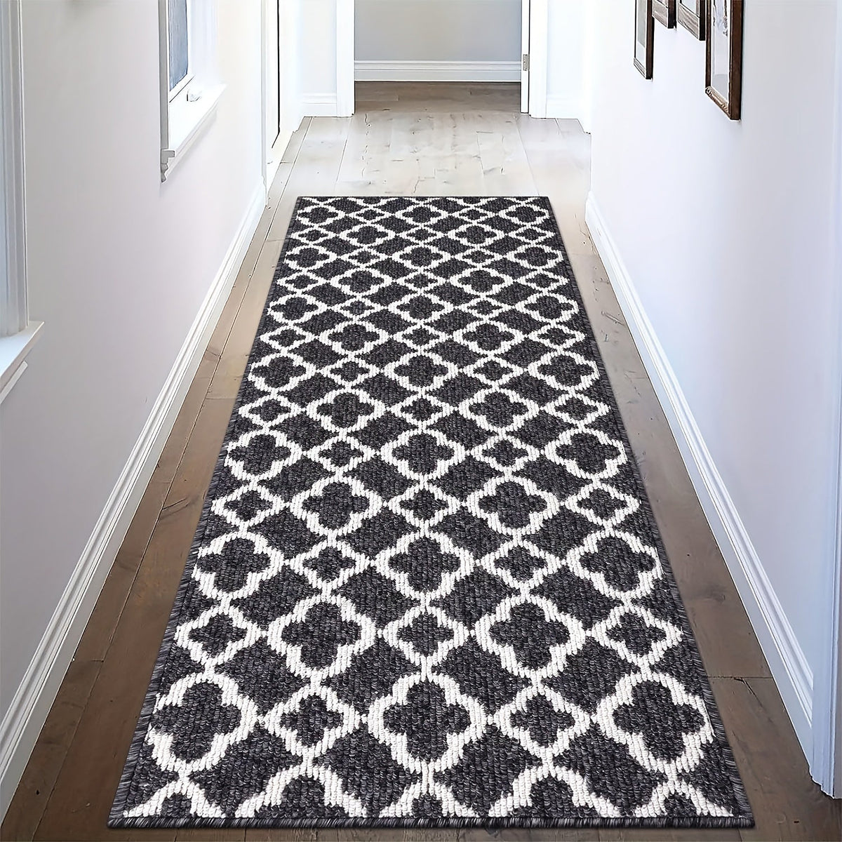 Runner Rug Moroccan Trellis Non-Slip – Machine Washable Hallway Carpet for Entryway, Kitchen & Bathroom – 100% Polypropylene Long Floor Rug, Black & Gray, 2x6, 2x8, 2x10 Ft