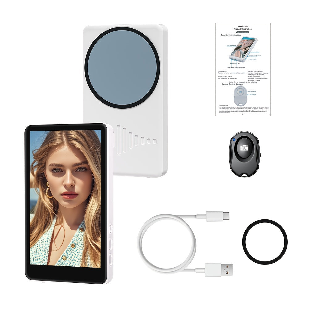 Magnetic Selfie Monitor Screen for Vlogging & Live Streaming – Rear-Facing Main Camera Display for iPhone & Android, High-Resolution Selfie Screen for TikTok, YouTube & Instagram Content Creation