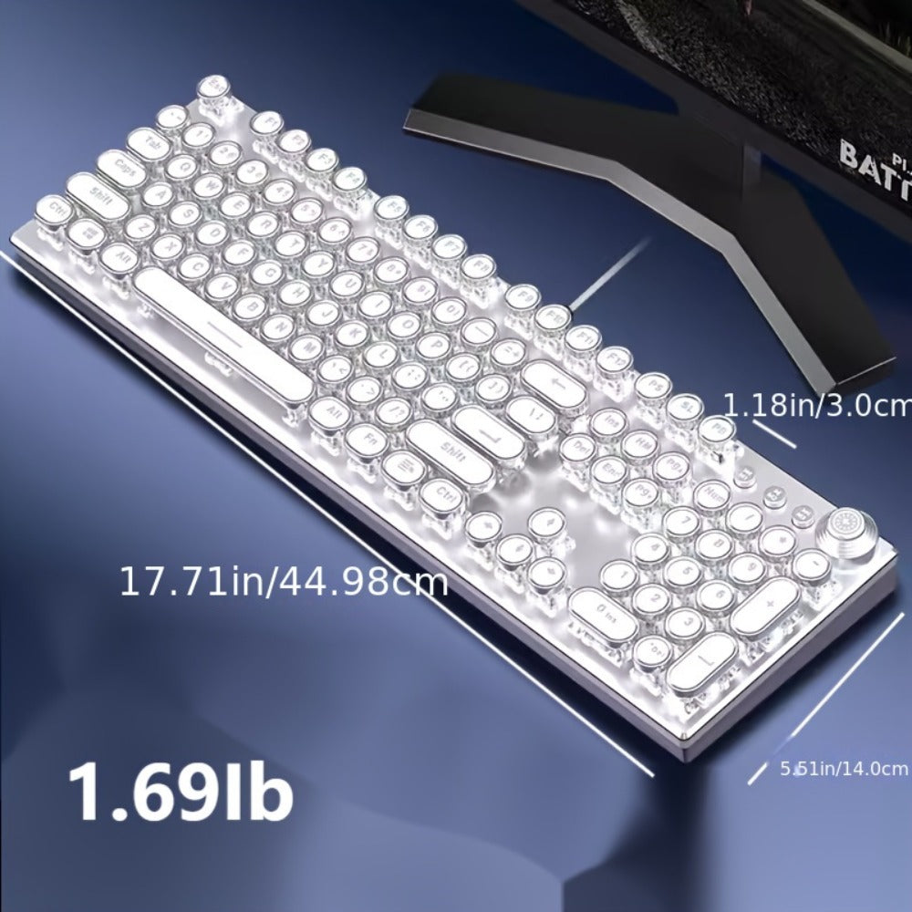 Cyberpunk Retro Typewriter Mechanical Keyboard 104 Keys Full-Size with Multi-Function Knob Backlit Round Keys Ergonomic Spill-Proof USB Wired for Desktop Laptop Windows Mac Gaming Typing