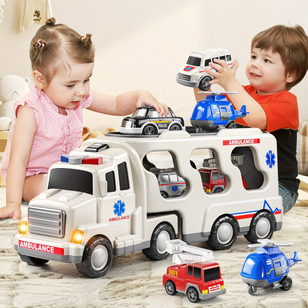 Ambulance Carrier Truck Toy Set, 5-in-1 Emergency Vehicle Playset with Lights & Sounds