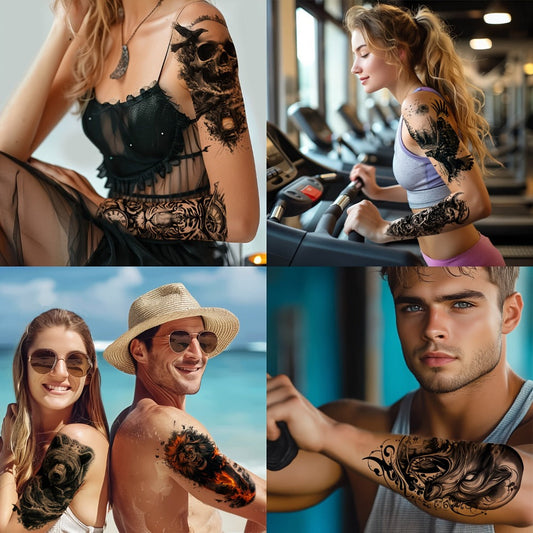 Half Sleeve Temporary Tattoos, 24 Pack of 3D Realistic Lion, Eagle, Skull & Greek God Gothic Designs