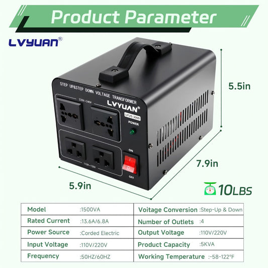 Voltage Converter Transformer, 1500W Step Up/Down with 2 US and 2 Universal Outlets