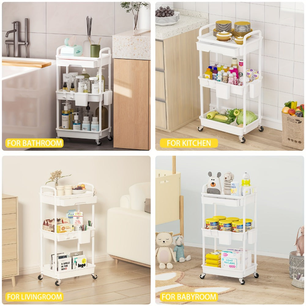 3-Tier 360° Rotating Rolling Utility Cart with Storage Drawers and 360° Swivel detail image - detail view 6