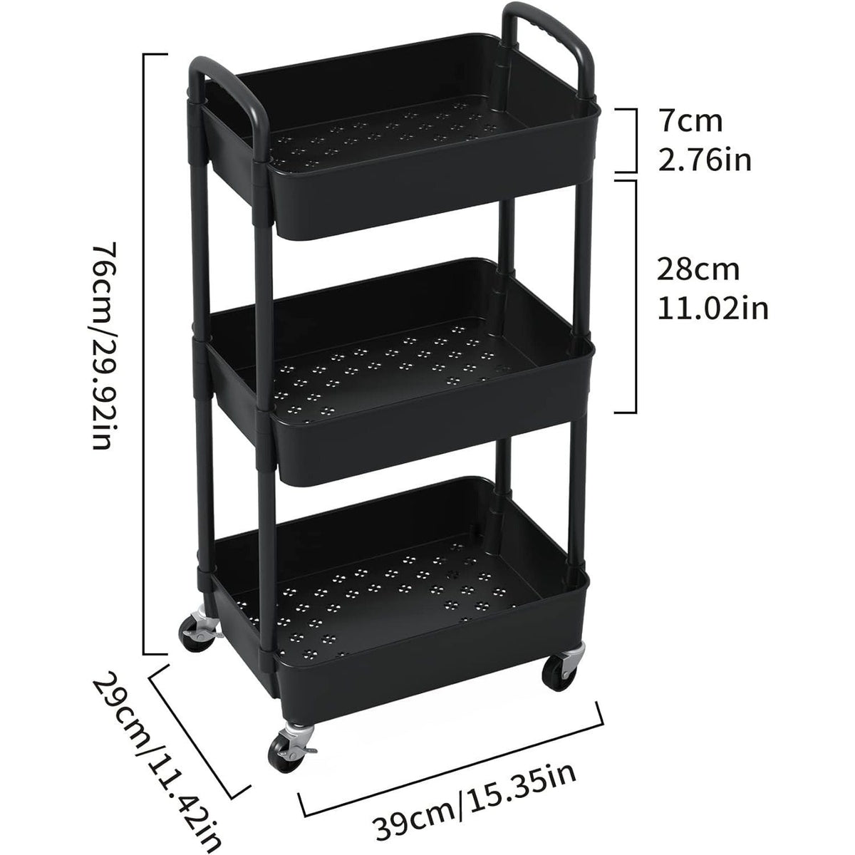 3-Tier Plastic Rolling Utility Cart with Carry Handle for Organized Everyday Storage detail image - detail view 16