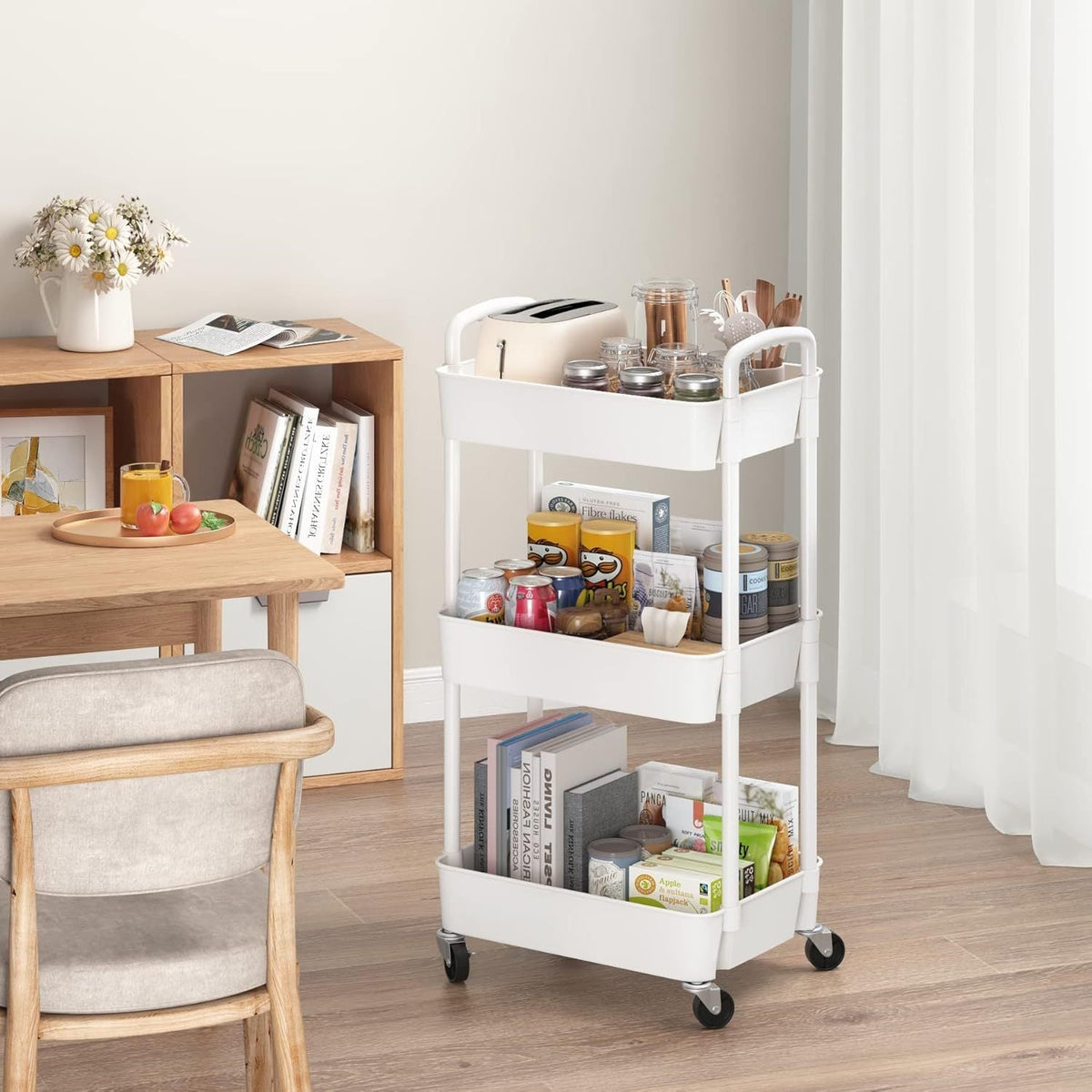 3-Tier Plastic Rolling Utility Cart with Carry Handle for Organized Everyday Storage detail image - detail view 5